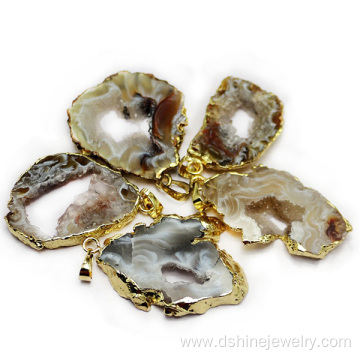 Agate Plate Pendant Gold Hollow Natural Gemstones Necklace